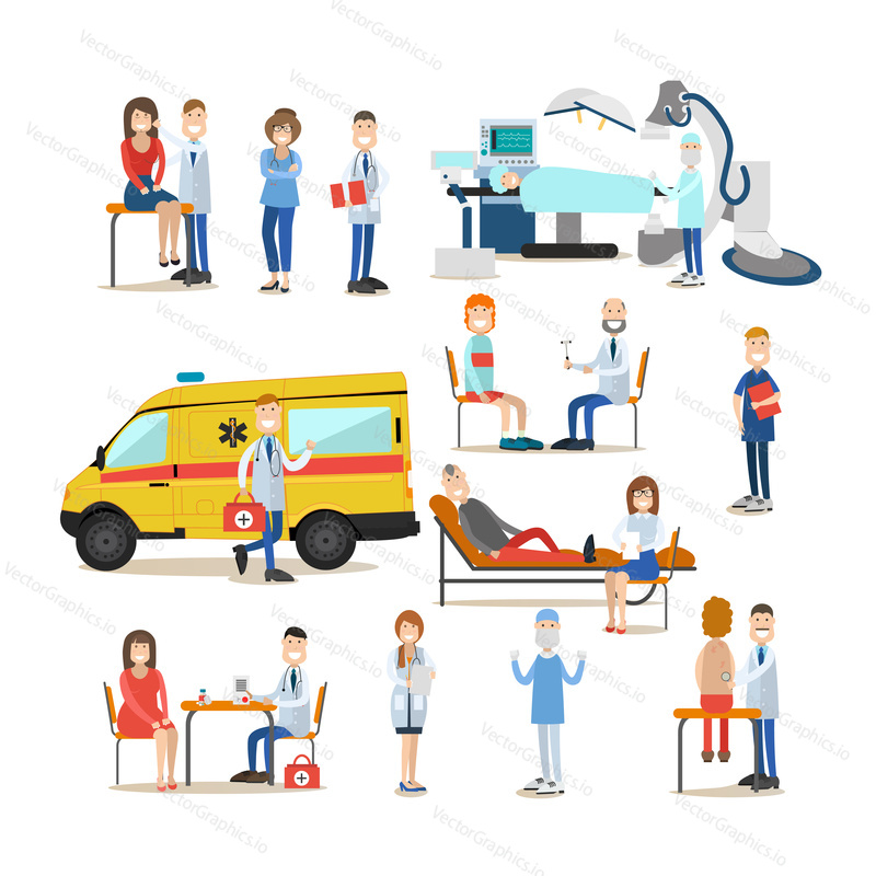 Vector illustration of doctors providing health care to patients, examining and consulting their clients. Medical doctor, paramedic, nurse flat symbols, icons isolated on white background.