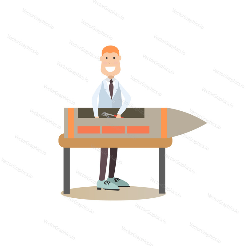 Vector illustration of scientist, design engineer with rocket. Space exploration, development of rocket and space technology concept. Flat style design element, icon isolated on white background.