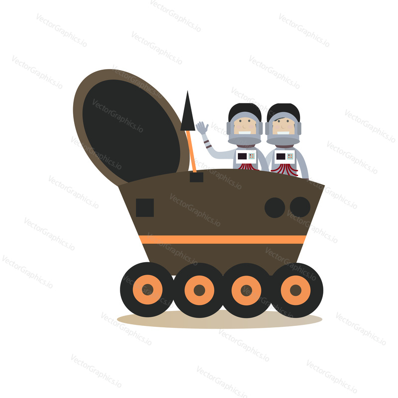 Vector illustration of astronauts in lunar rover. Space exploration and aerospace technology concept. Space people flat style design element, icon isolated on white background.