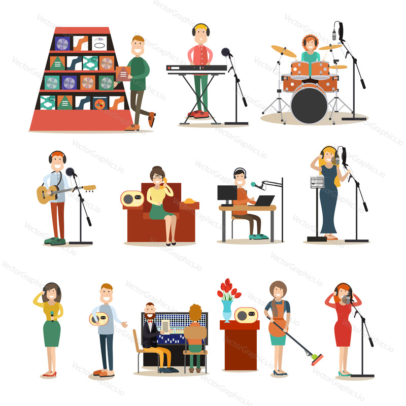 Vector illustration of singers, instrumental musicians recording tracks at recording studio or radio studio. Radio people symbols, icons isolated on white background. Flat style design.