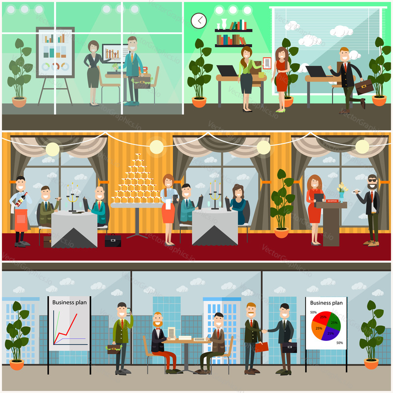 Vector set of business posters, banners. Business people taking part in conference or workshop, meeting with partners, signing contracts, having dinner at restaurant. Flat style design.