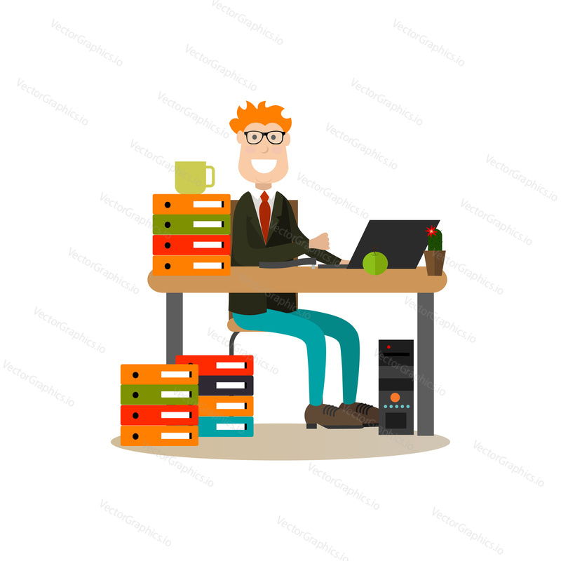 Vector illustration of happy office worker male sitting at office desk and using laptop. Business people flat style design element, icon isolated on white background.