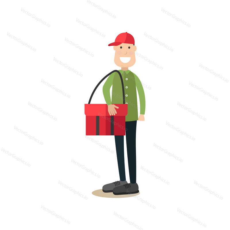Vector illustration of courier with red delivery bag. Home delivery concept. Food people flat style design element, icon isolated on white background.