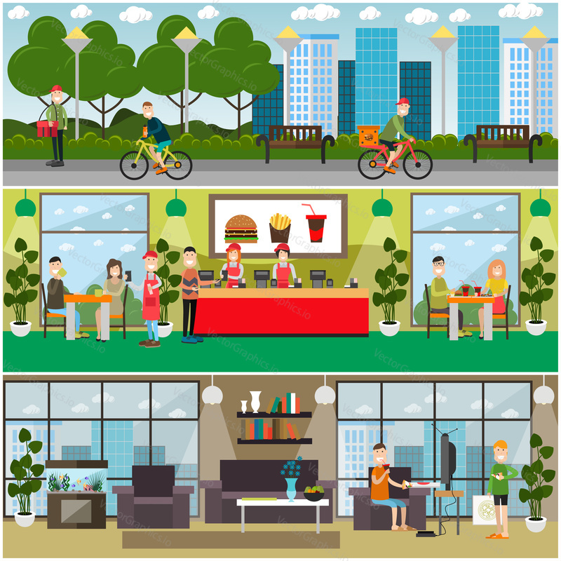 Vector set of fast food flat posters, banners with restaurant interior, professional staff and visitors, messengers delivering food by bike and by foot, people eating takeaway pizza at home.