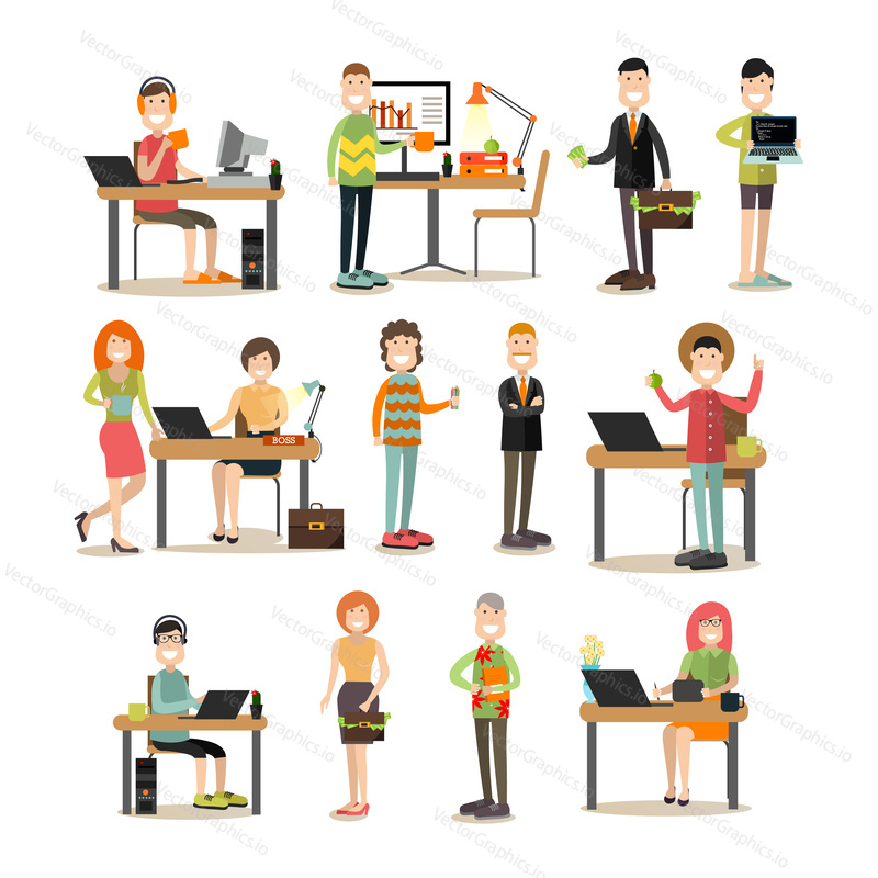 Vector illustration of creative director and his team programmer, creator, website developer, graphic designer. Creative team people symbols, icons isolated on white background. Flat style design.