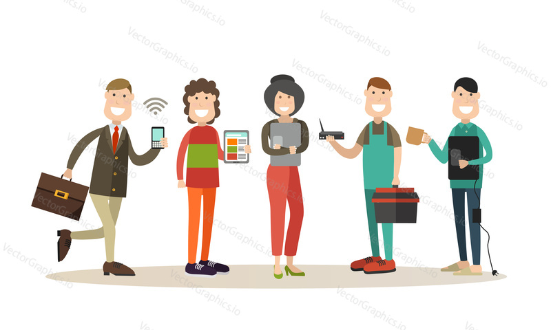 Vector set of people with mobile phone, laptop, digital tablet using mobile internet, wire and wireless connection. Internet people flat style design elements, icons isolated on white background.