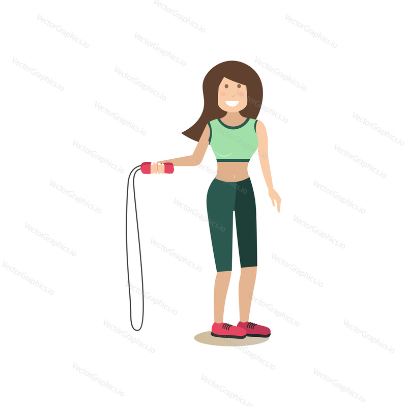 Vector illustration of beautiful fitness girl with jump rope. Gym people flat style design element, icon isolated on white background.