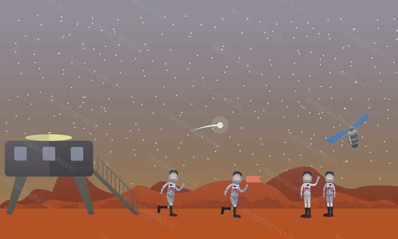 Vector illustration of astronauts with flag landing on Mars, Red Planet. Mars mission concept design element in flat style.