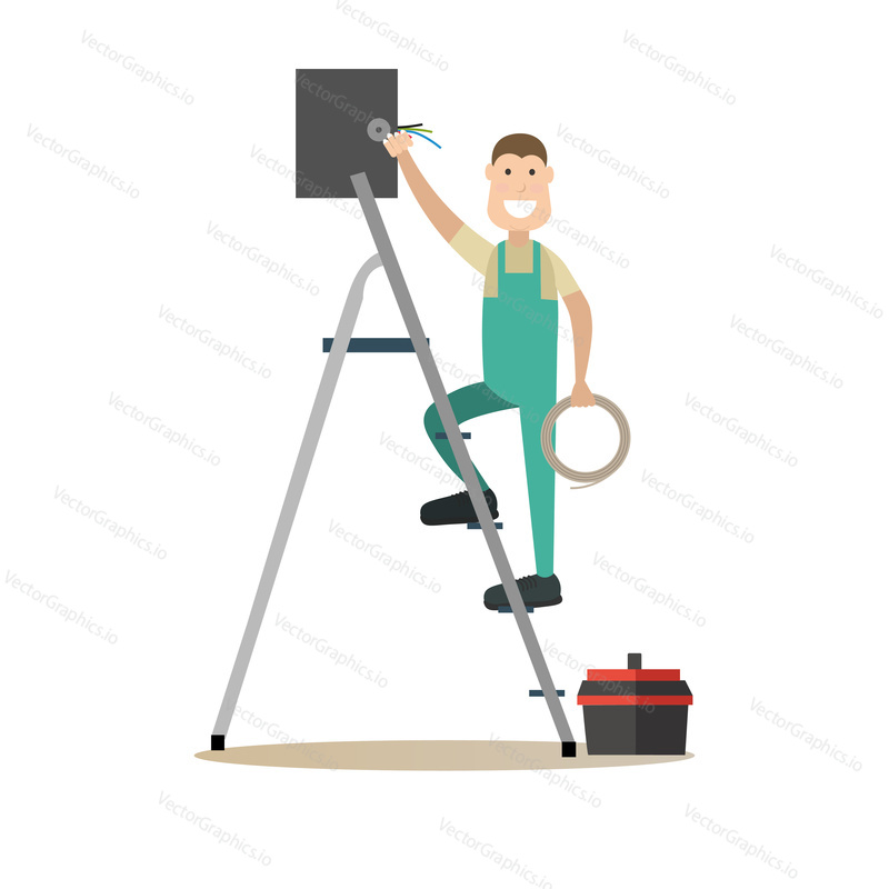 Vector illustration of worker male installing the network. Internet wire connection concept. Internet people flat style design element, icon isolated on white background.