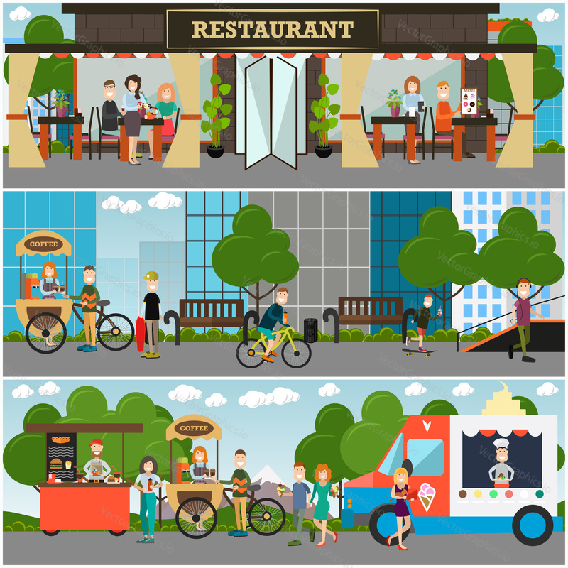 Vector street food and drink establishment set. Restaurant or cafe, coffee bike, fast food cart, ice cream truck with sellers and buyers. Flat style design.