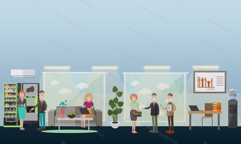 Vector illustration of modern workspace interior with office furniture and equipment, employees working on laptop, taking coffee break, meeting with partners, flat style design.