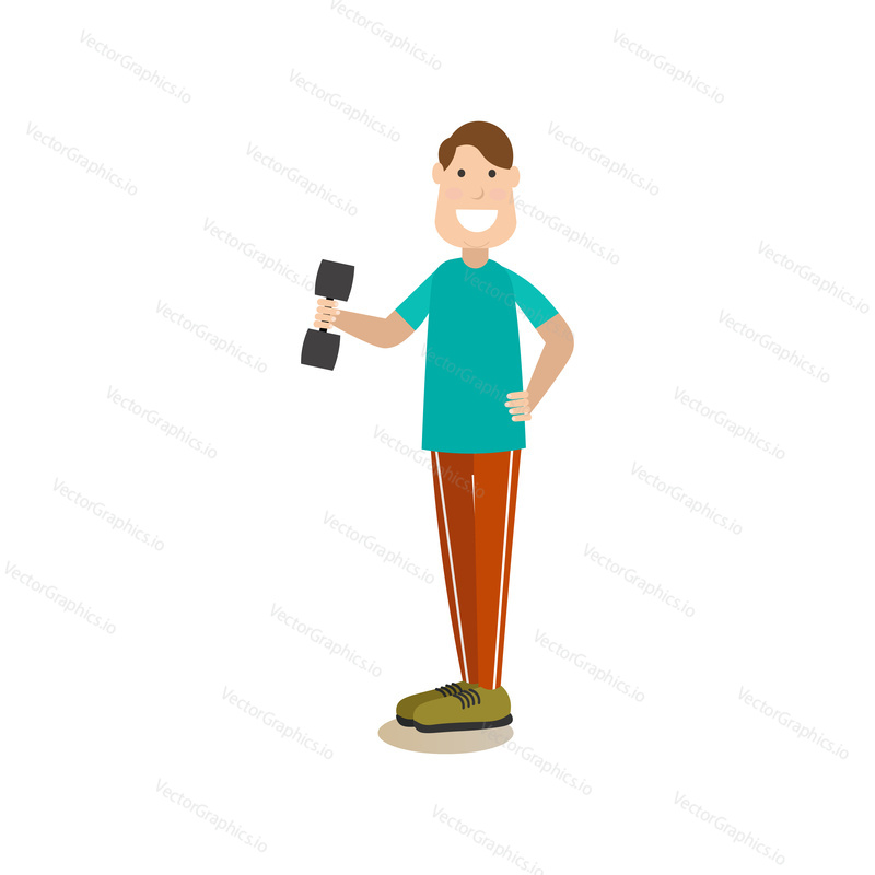 Vector illustration of fitness man exercising with dumbbell, training biceps. Gym people flat style design element, icon isolated on white background.