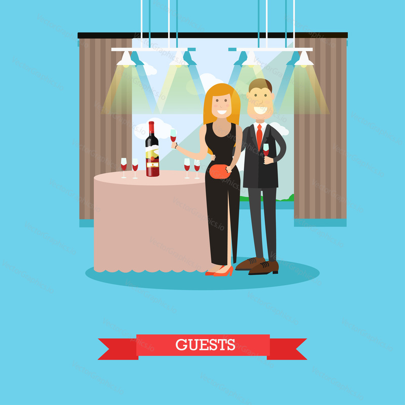 Restaurant guests vector illustration. Visitors man and woman standing next to table with wine bottle and wineglasses. Restaurant interior. Flat style design.