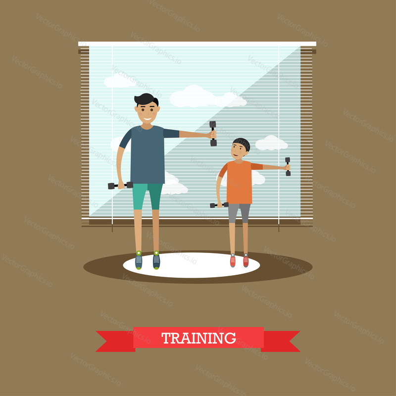 Векторная иллюстрация отца и его сына, тренирующихся вместе с гантелями. Концепция ухода за детьми и воспитания детей элемент дизайна в плоском стиле.