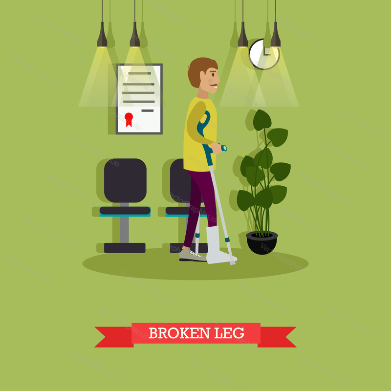 Vector illustration of disabled man with broken leg walking around hospital using crutches. Flat style design.