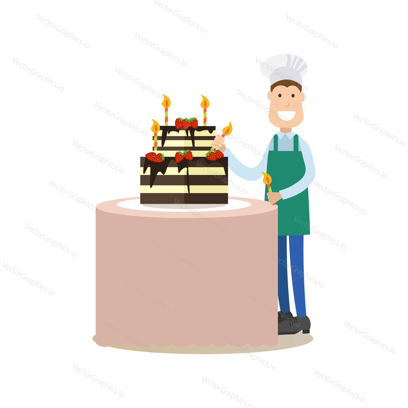 Векторная иллюстрация кондитера, украшающего двухъярусный праздничный торт свечами. Элемент дизайна в плоском стиле концепции Cook people, значок, выделенный на белом фоне.