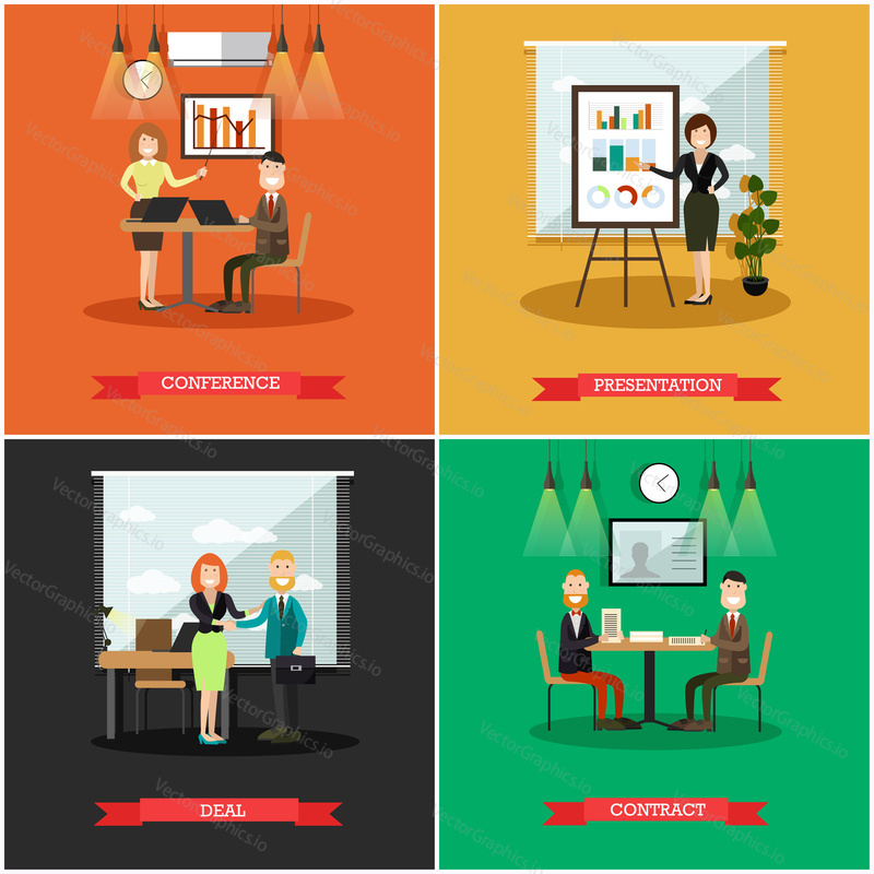 Vector set of business people square posters. Conference, Presentation, Deal and Contract flat style design elements.