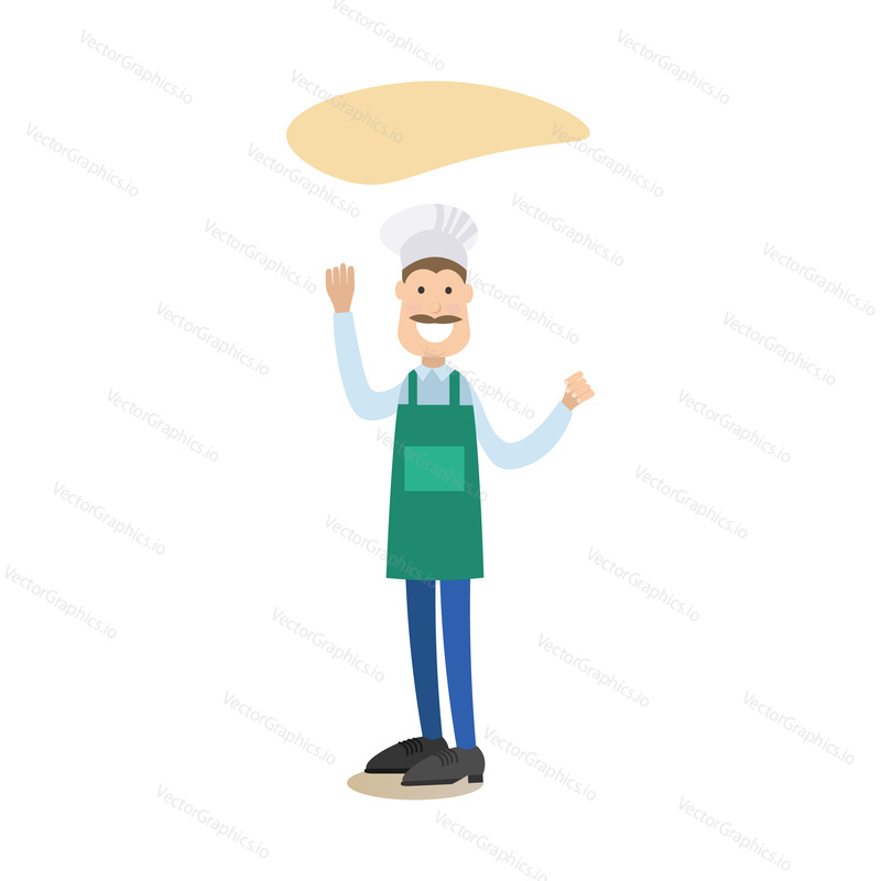 Vector illustration of baker male pizzaiolo making pizza dough. Cook people concept flat style design element, icon isolated on white background.