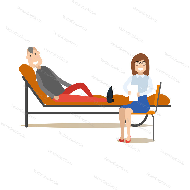Vector illustration of doctor psychiatrist female helping patient male to overcome emotional stress, relationship problems or troublesome habits. Medical practitioner flat style design element.