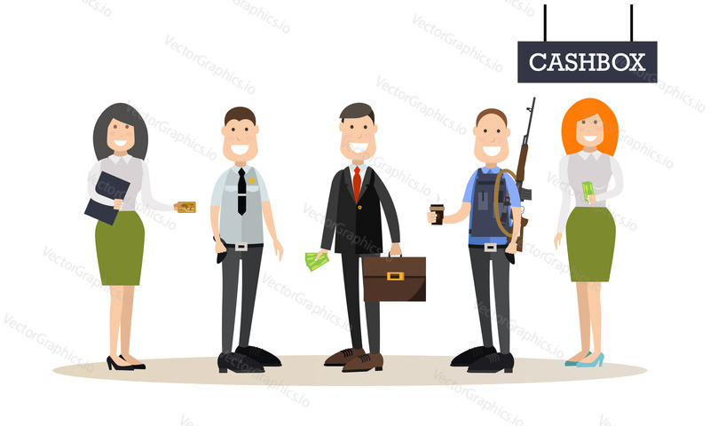 Vector illustration of bank staff and customers males and females. Bank people concept flat style design elements, icons isolated on white background.