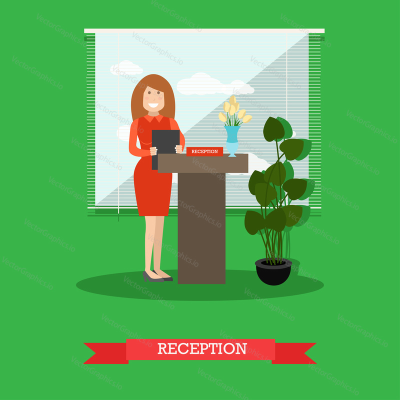 Restaurant reception concept vector illustration. Young woman receptionist standing at reception desk flat style design element.