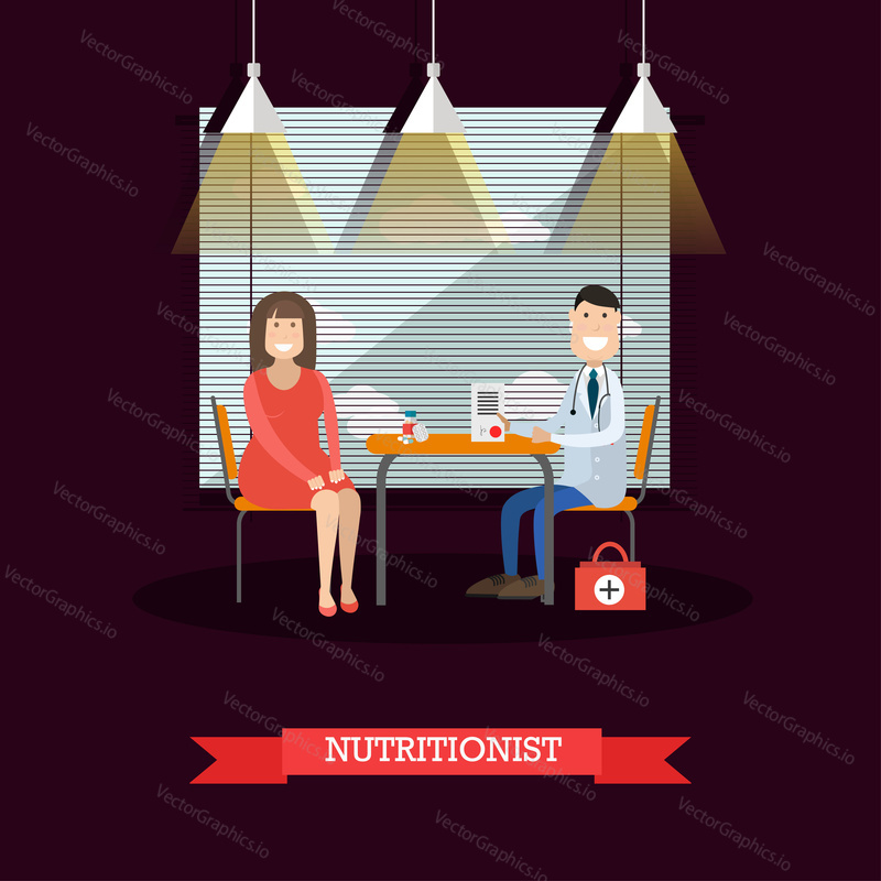 Vector illustration of nutritionist or dietician doctor male consulting his patient female. Medical clinic interior. Flat style design.