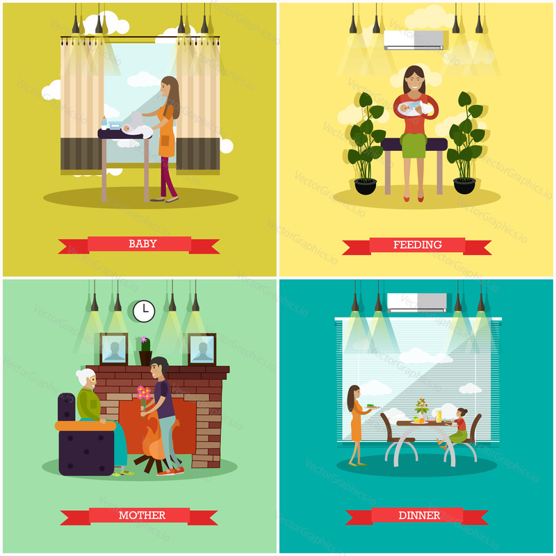 Vector set of mother concept posters. Baby, Feeding, Mother and Dinner flat style design elements.