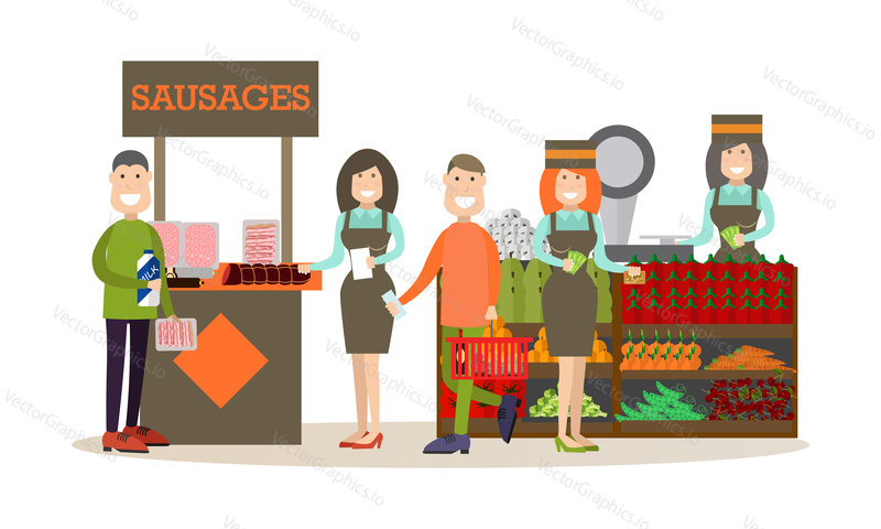 Векторная иллюстрация людей, делающих покупки в продуктовом магазине или на рынке. Элементы дизайна концепции Shopping people в плоском стиле, значки, выделенные на белом фоне.