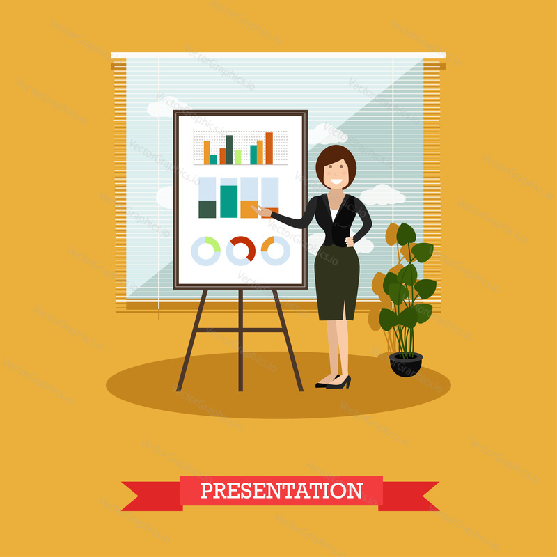 Vector illustration of business woman giving presentation. Lecturer female pointing at diagram on whiteboard. Flat style design.