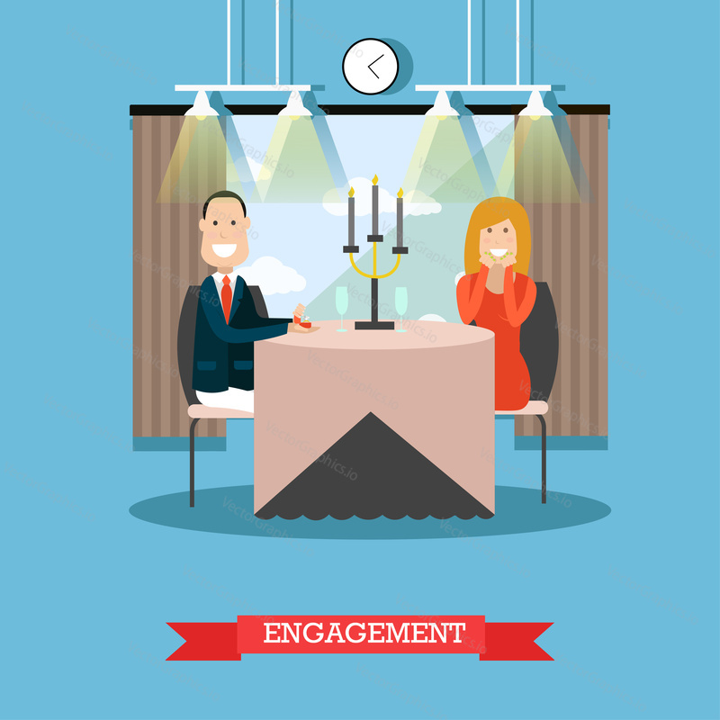Vector illustration of happy loving couple having dinner at restaurant. Man making proposal to lady and presenting engagement ring. Engagement concept flat style design element.