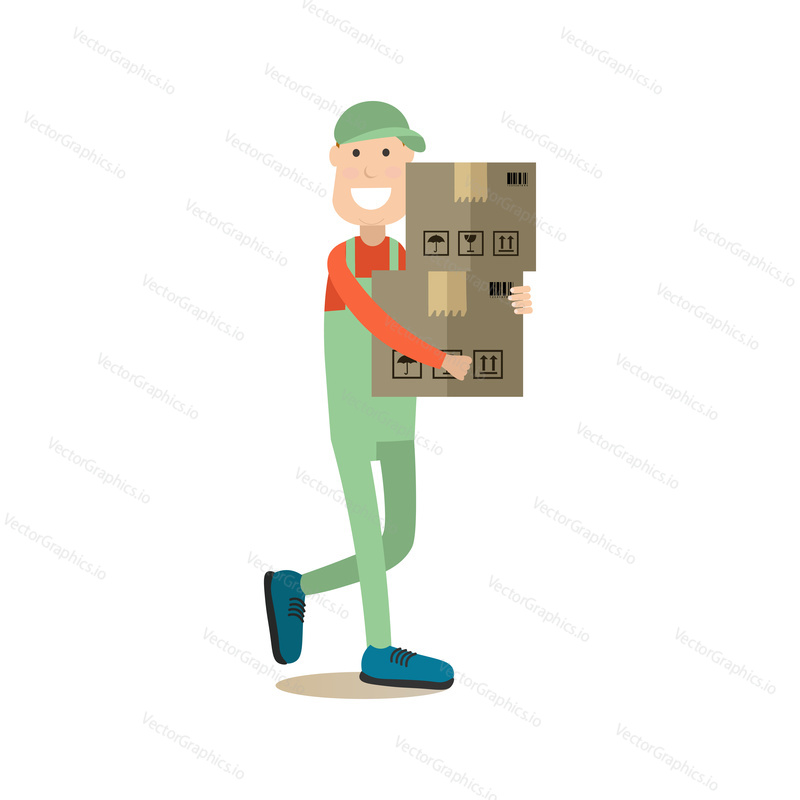 Vector illustration of loader man with cardboard boxes. Delivery people concept flat style design element, icon isolated on white background.