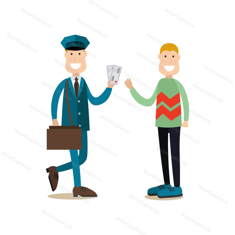 Vector illustration of postman delivering letters to receiver man. Delivery people concept flat style design element, icon isolated on white background.