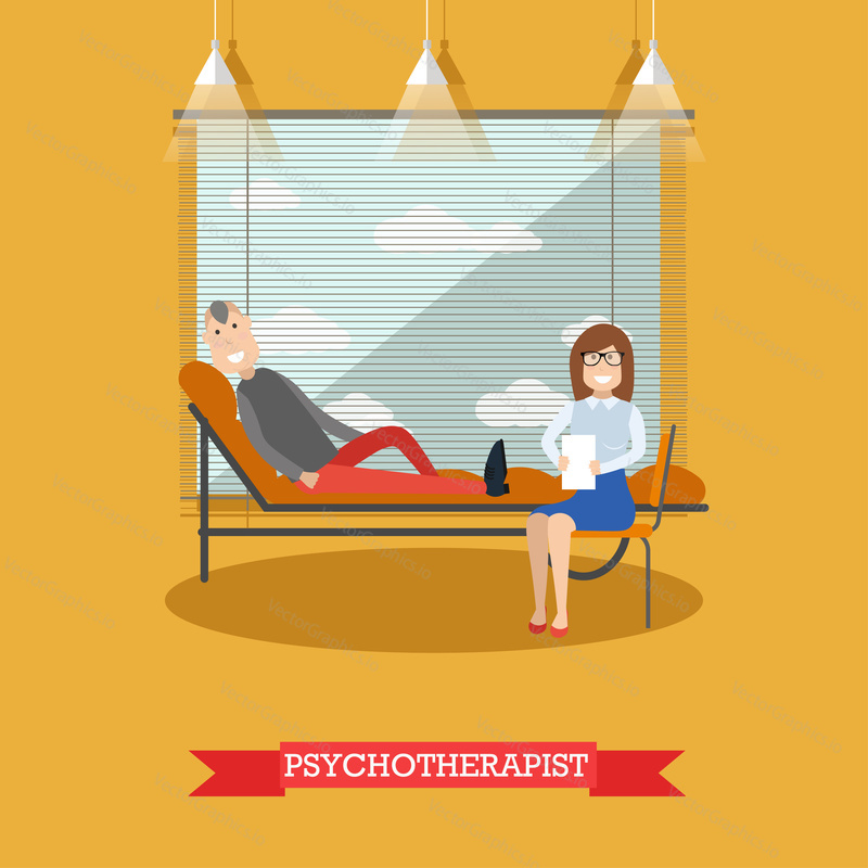 Vector illustration of doctor female sitting next to lying on couch male. Psychologist or psychiatrist listening to problems of patient. Psychotherapist flat style design.
