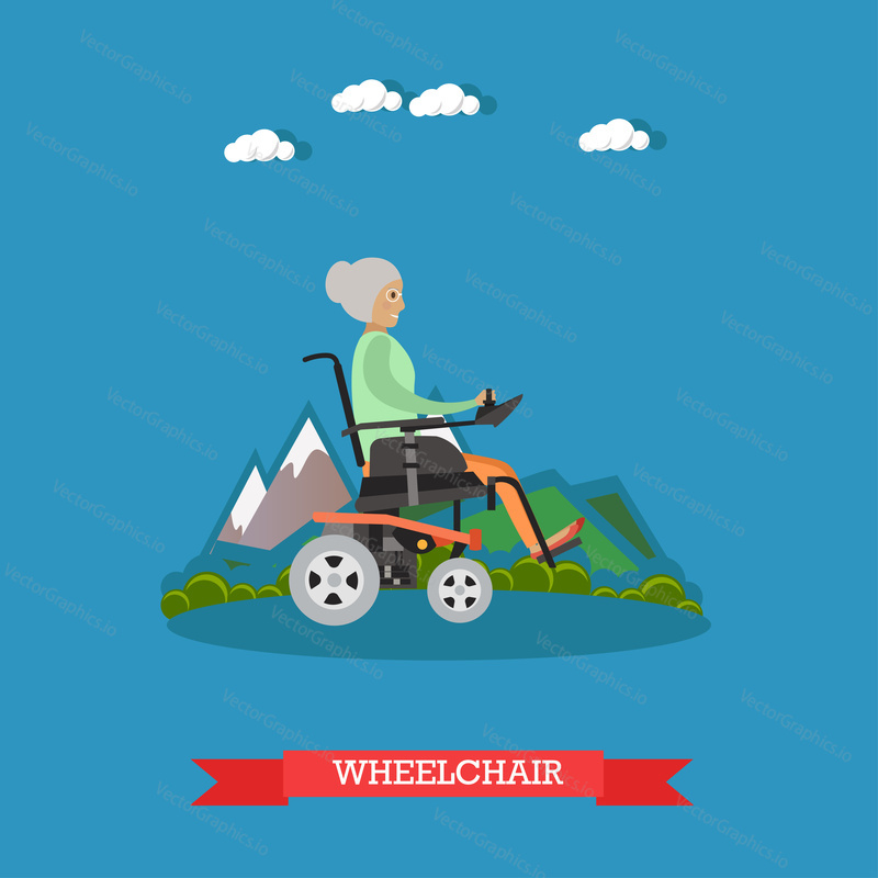 Vector illustration of elderly woman sitting in wheelchair or riding electric wheelchair in park. Flat style design.