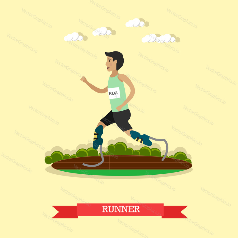 Vector illustration of disabled young man running on prosthesis. Paralympic athlete running on artificial sports feet. Blade runner flat style design element.