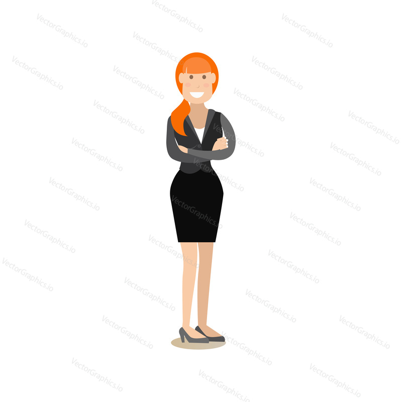 Vector illustration of smiling businesswoman standing with arms crossed. Office people flat style design element, icon isolated on white background.