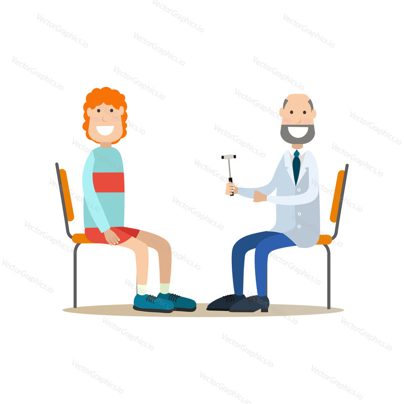 Vector illustration of doctor neurologist examining his patient male with reflex hammer. Medical practitioner flat style design element, icon isolated on white background.