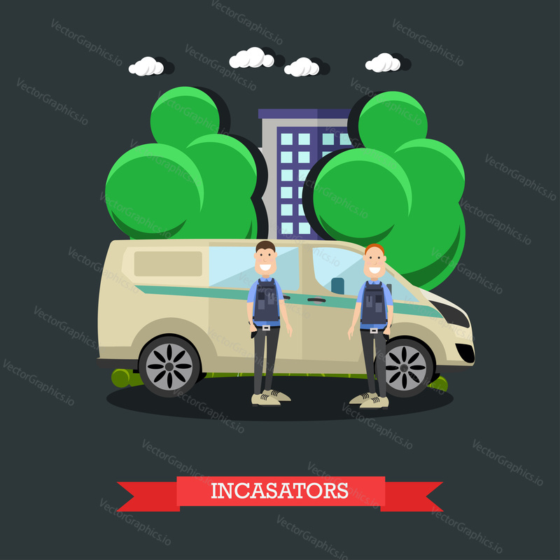 Векторная иллюстрация инкассаторов, стоящих рядом с бронированным банковским автомобилем. Перевозка ценностей, инкассаторские услуги концептуальный элемент дизайна в стиле квартиры.