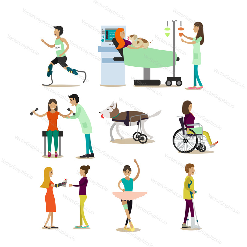 Vector set of disabled people characters isolated on white background. Handicapped men and women getting medical treatment, doing sports and making arts with limb prosthetics flat symbols, icons.