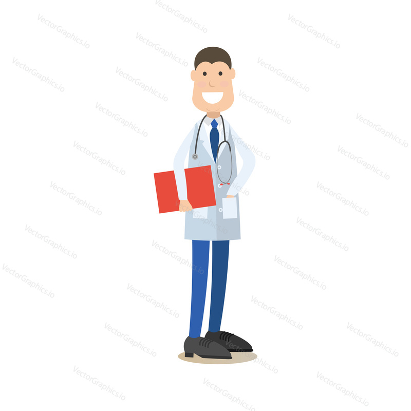 Vector illustration of smiling doctor male in white coat with stethoscope holding clipboard or medical report. Medical doctor therapist flat style design element, icon isolated on white background.