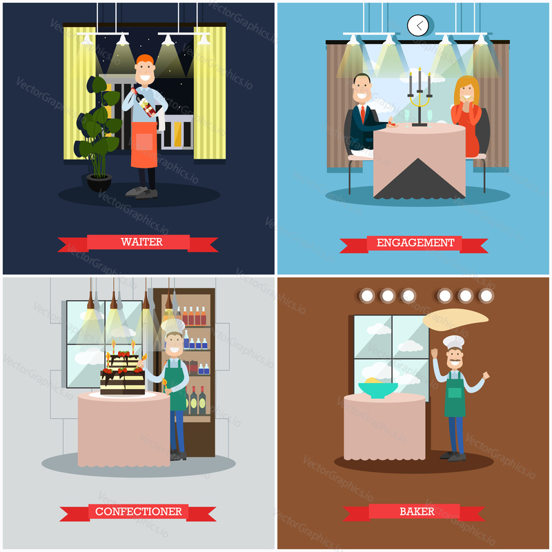 Vector set of restaurant people square posters. Waiter, Engagement, Confectioner, Baker flat style design elements.