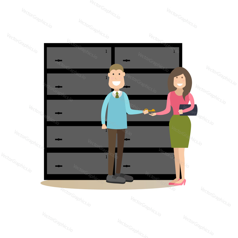 Vector illustration of bank employee male giving key from safe deposit box to client female. Bank people concept flat style design elements, icons isolated on white background.