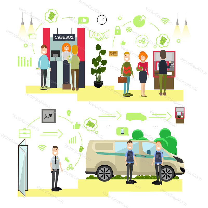 Vector illustration of bank staff, armed collectors, security guard and customers standing in queue at cashbox and ATM. Bank people, icons isolated on white background. Flat style design elements.