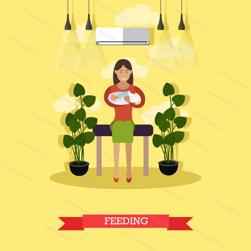Vector illustration of happy young mother feeding her newborn baby with baby bottle. Artificial feeding flat style design element.