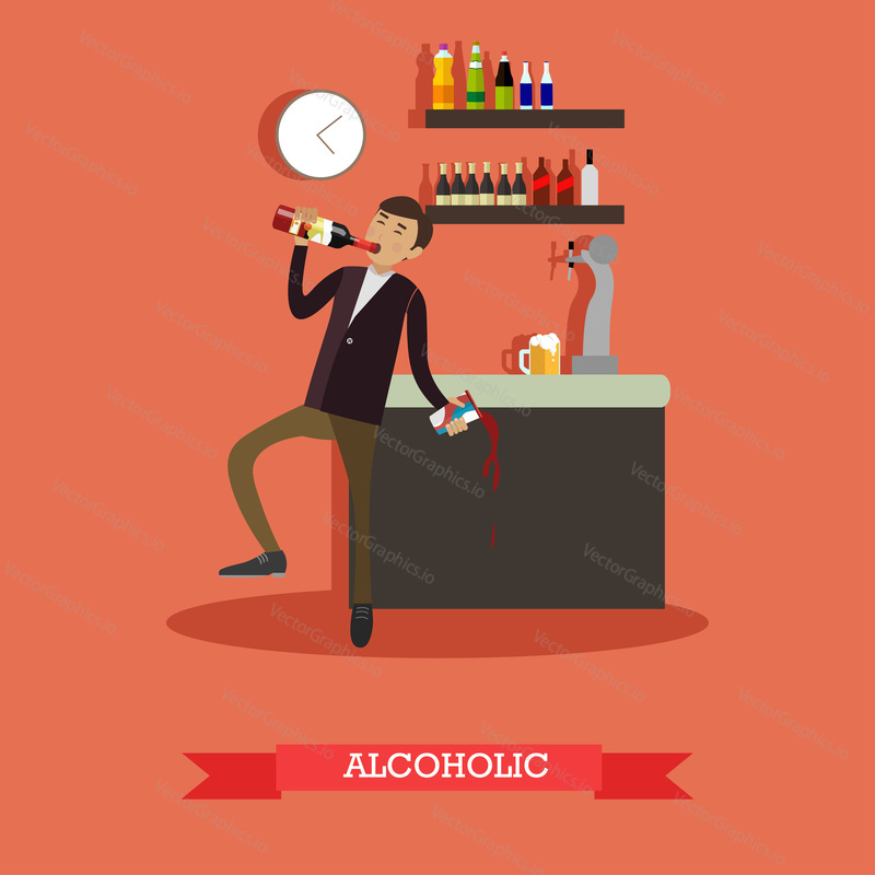 Vector illustration of drunk man drinking alcohol from wine bottle. Alcohol abuse concept design element in flat style.