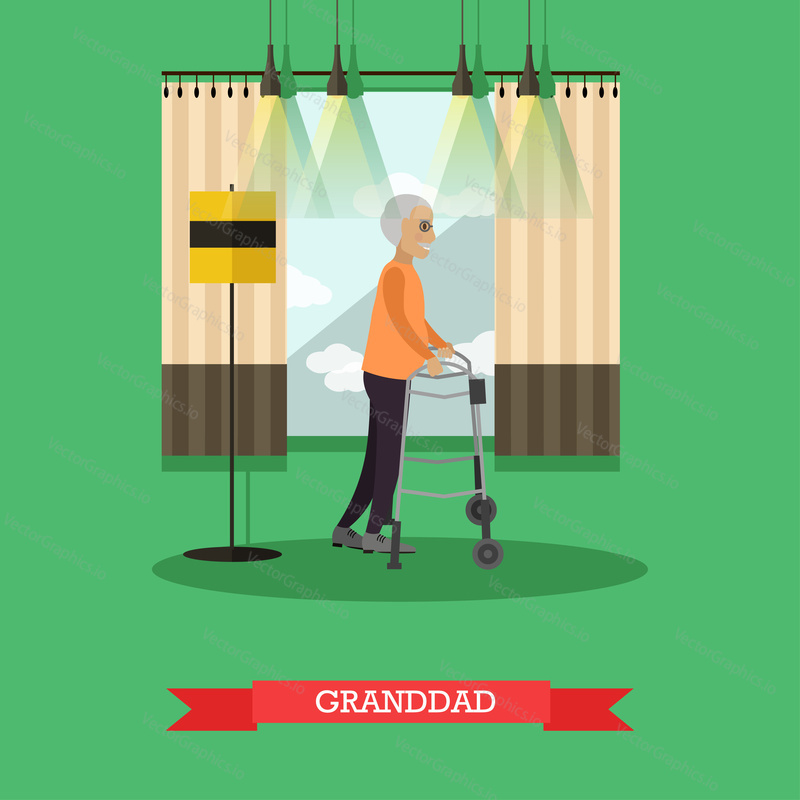 Vector illustration of senior man moving in the room using walkers for elderly people. Granddad with mobility walker design element in flat style.