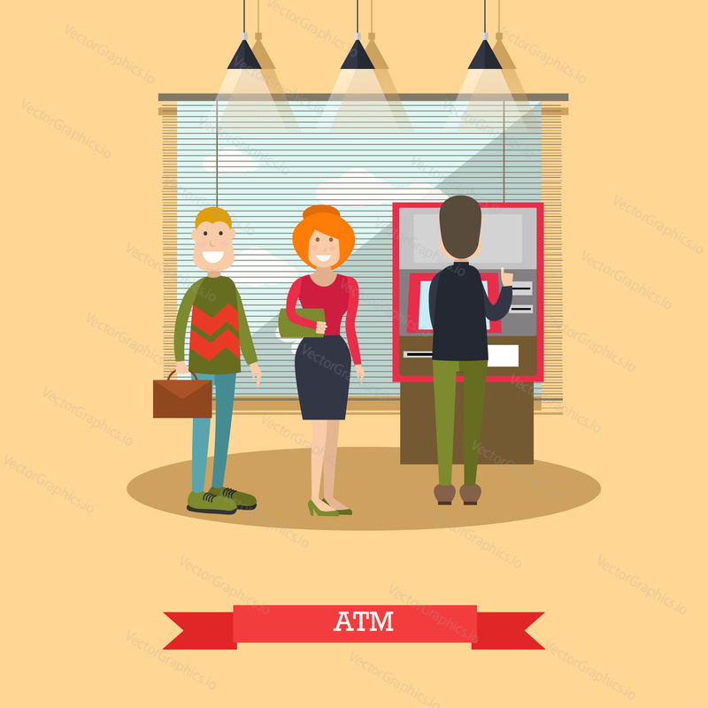 Vector illustration of people waiting in line for cash money. ATM, cash dispenser concept design element in flat style.