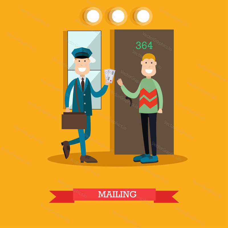 Vector illustration of postman delivering letters to receiver man. Cheerful smiling mailman with post bag and letters. Home delivery. Mailing concept design element in flat style.
