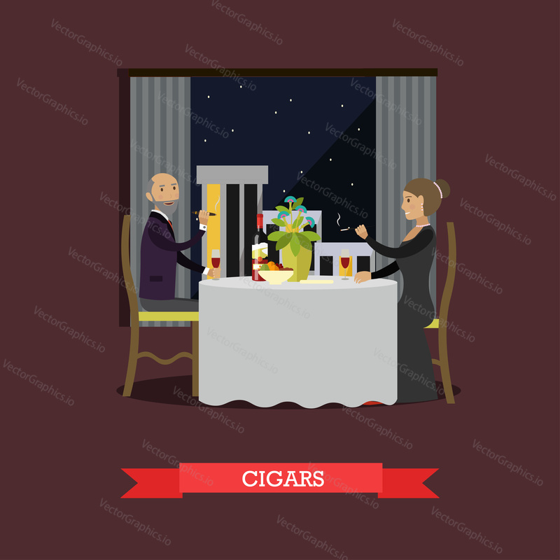 Vector illustration of couple having dinner at restaurant. Man and woman smoking cigars. Bad habits concept design element in flat style.