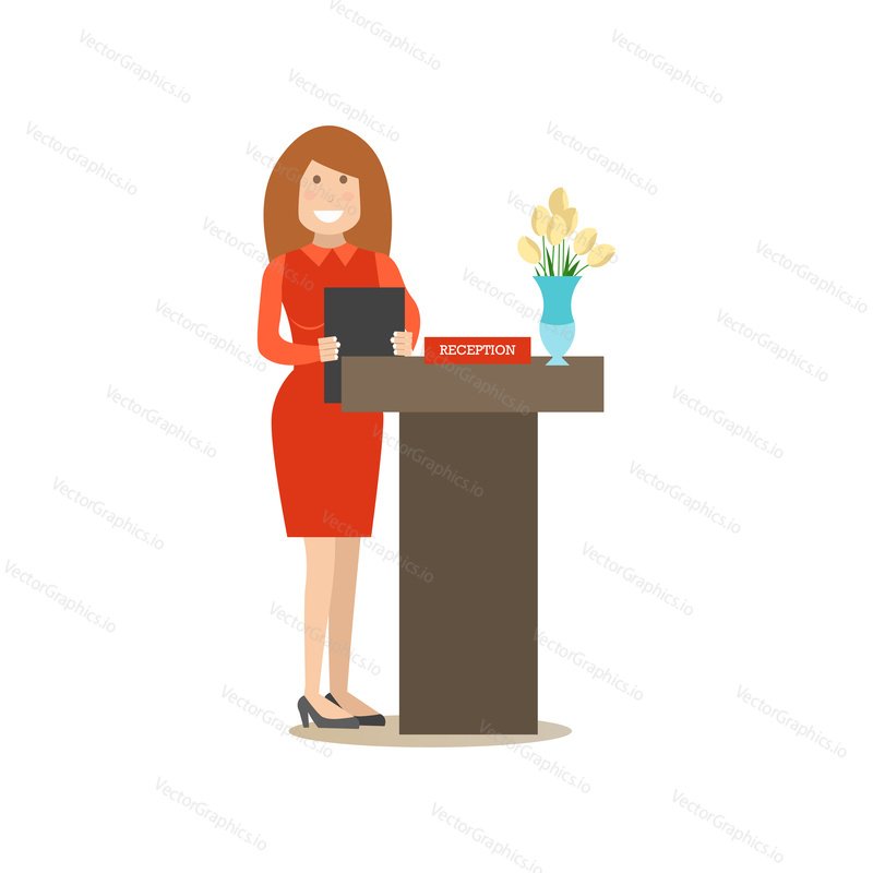 Restaurant reception concept vector illustration. Young woman receptionist standing at reception desk. Cook people flat style design element, icon isolated on white background.
